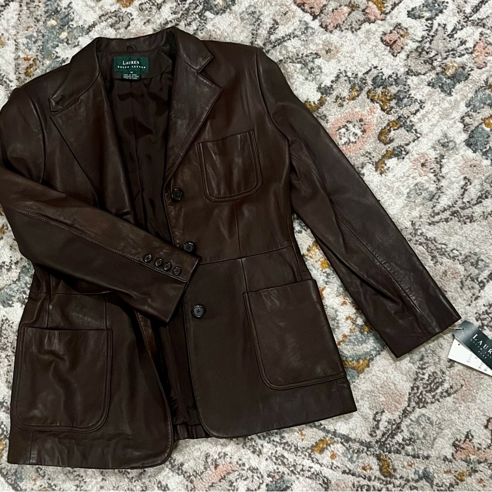 Lauren Ralph Lauren Women's Brown Leather Blazer & Skirt Set - Picture 5 of 11